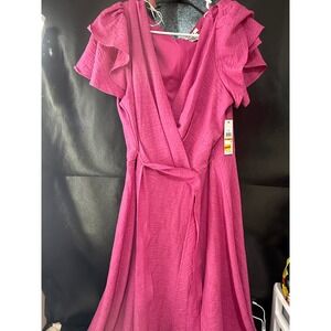 DKNY Womens Pink Faux Wrap Ruffle Sleeve High Low Midi Dress 16W PD5W1613